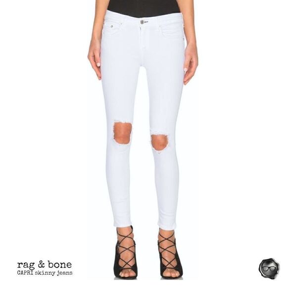 RAG & BONE SKINNY CAPRI JEANS WITH DISTRESSED KNEE HOLES NWT IN BRIGHT WHITE 27 - Picture 7 of 16